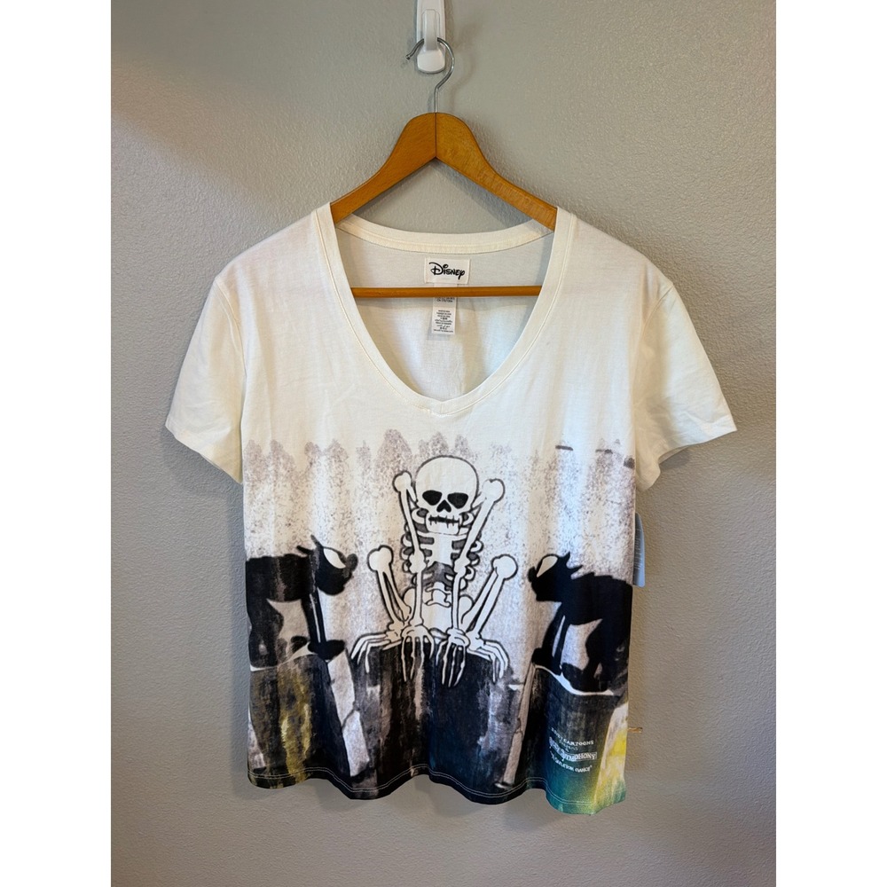 Disney Silly Symphony T-Shirt Women Large Skeleton Dance Graphic V-Neck NEW